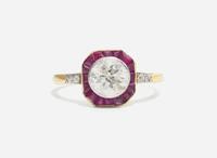 An Art Deco Ladies 14K Yellow Gold, Diamond, and Ruby Ring