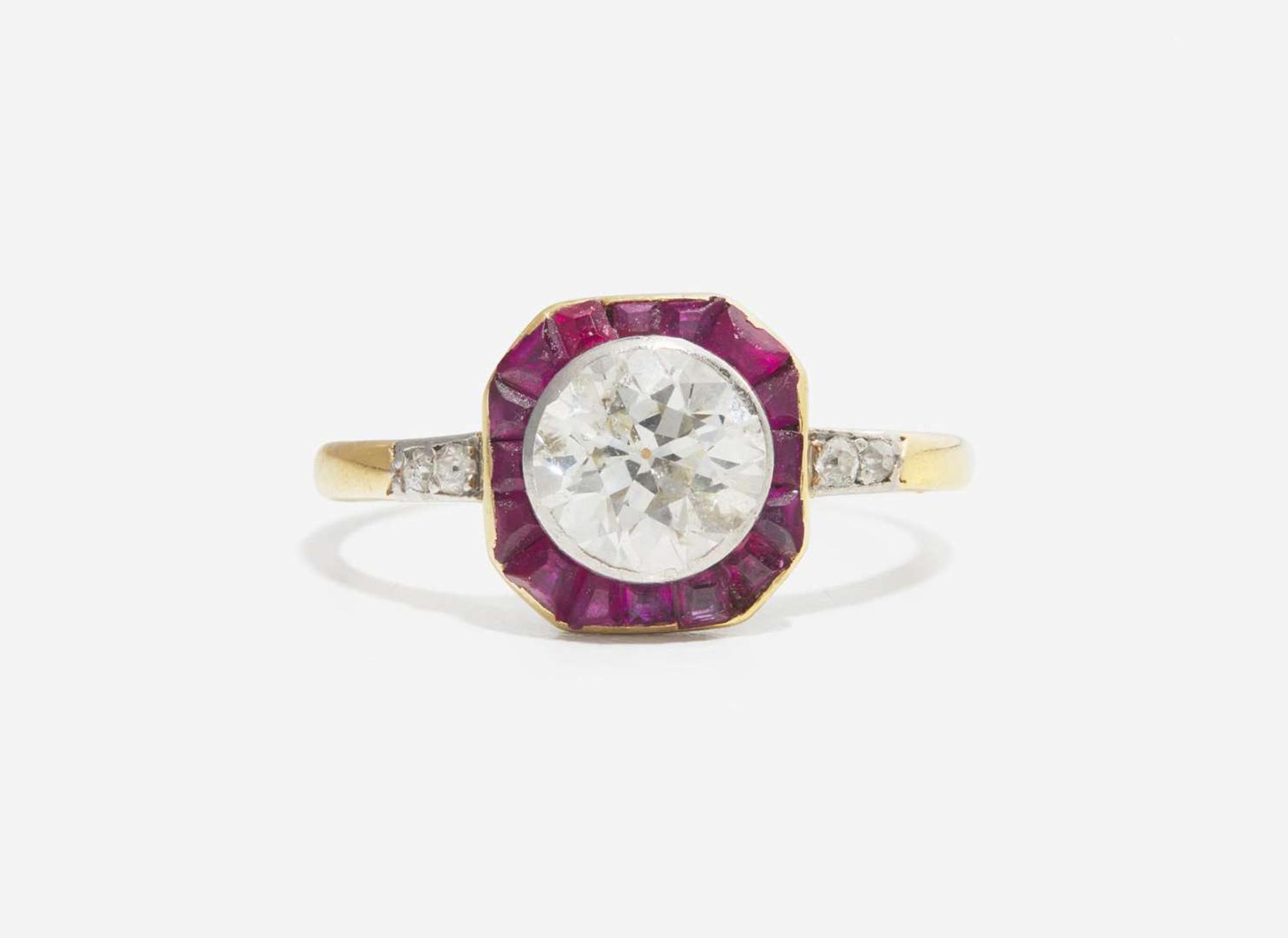 An Art Deco Ladies 14K Yellow Gold, Diamond, and Ruby Ring