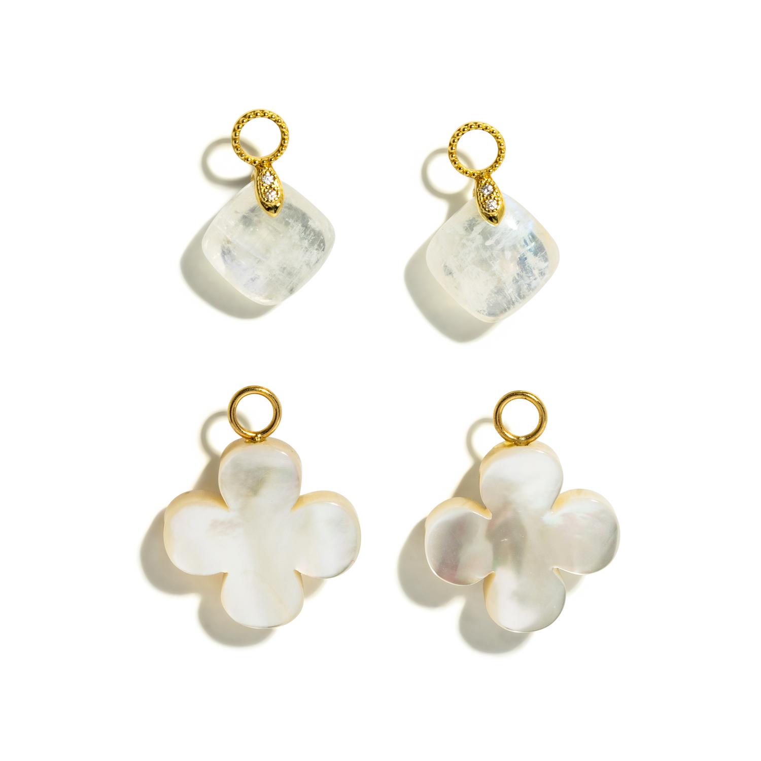 YELLOW GOLD AND DIAMOND HOOP EARRINGS WITH MOONSTONE AND MOTHER-OF-PEARL DETACHABLE DROPS