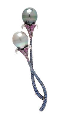 An 18 Karat Black Rhodium White Gold, Cultured Tahitian Pearl, Diamond and Multicolored Sapphire Brooch, Piranesi, 17.00 dwts.