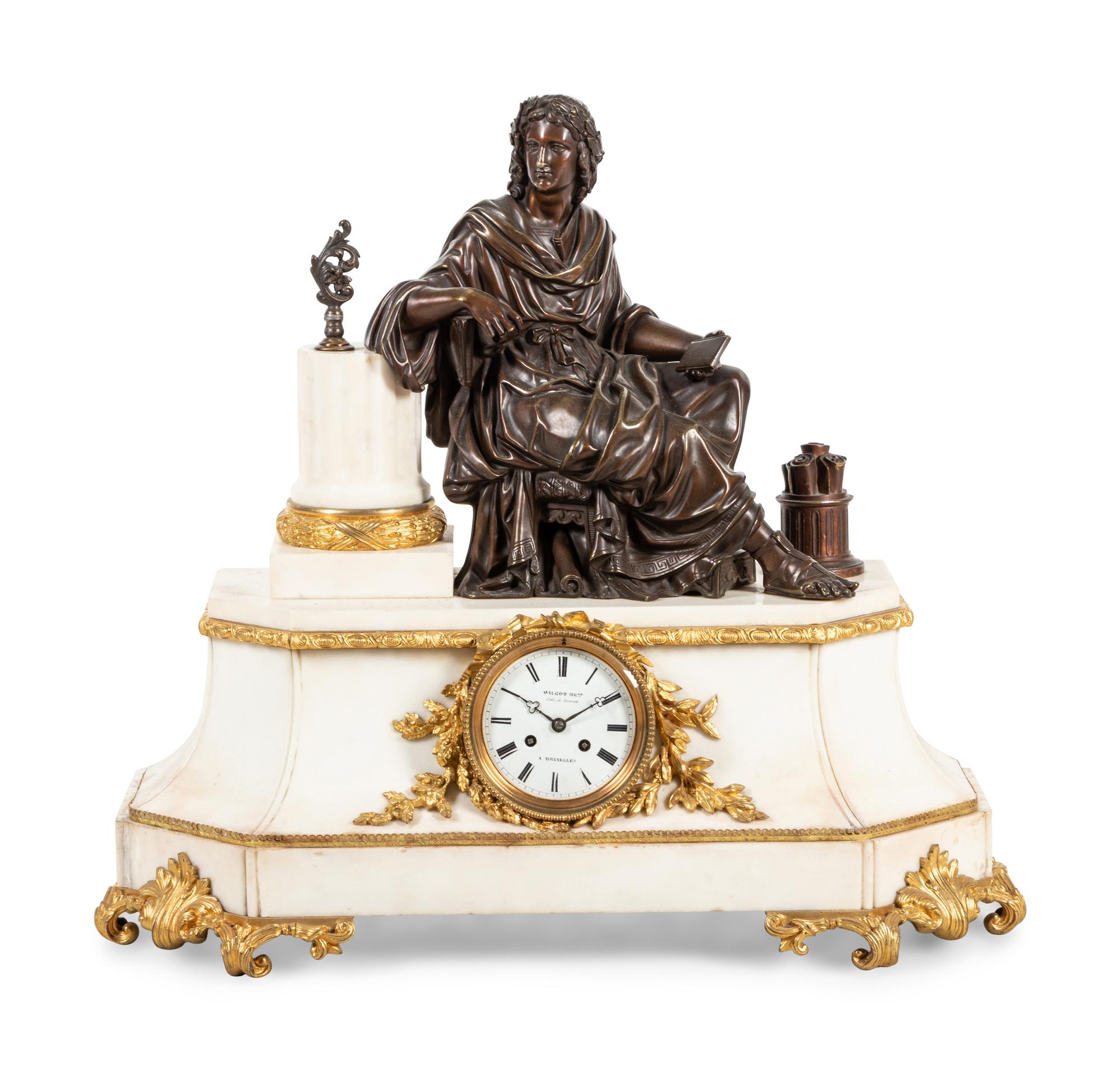 A French Gilt and Patinated Bronze Mounted Marble Mantel Clock