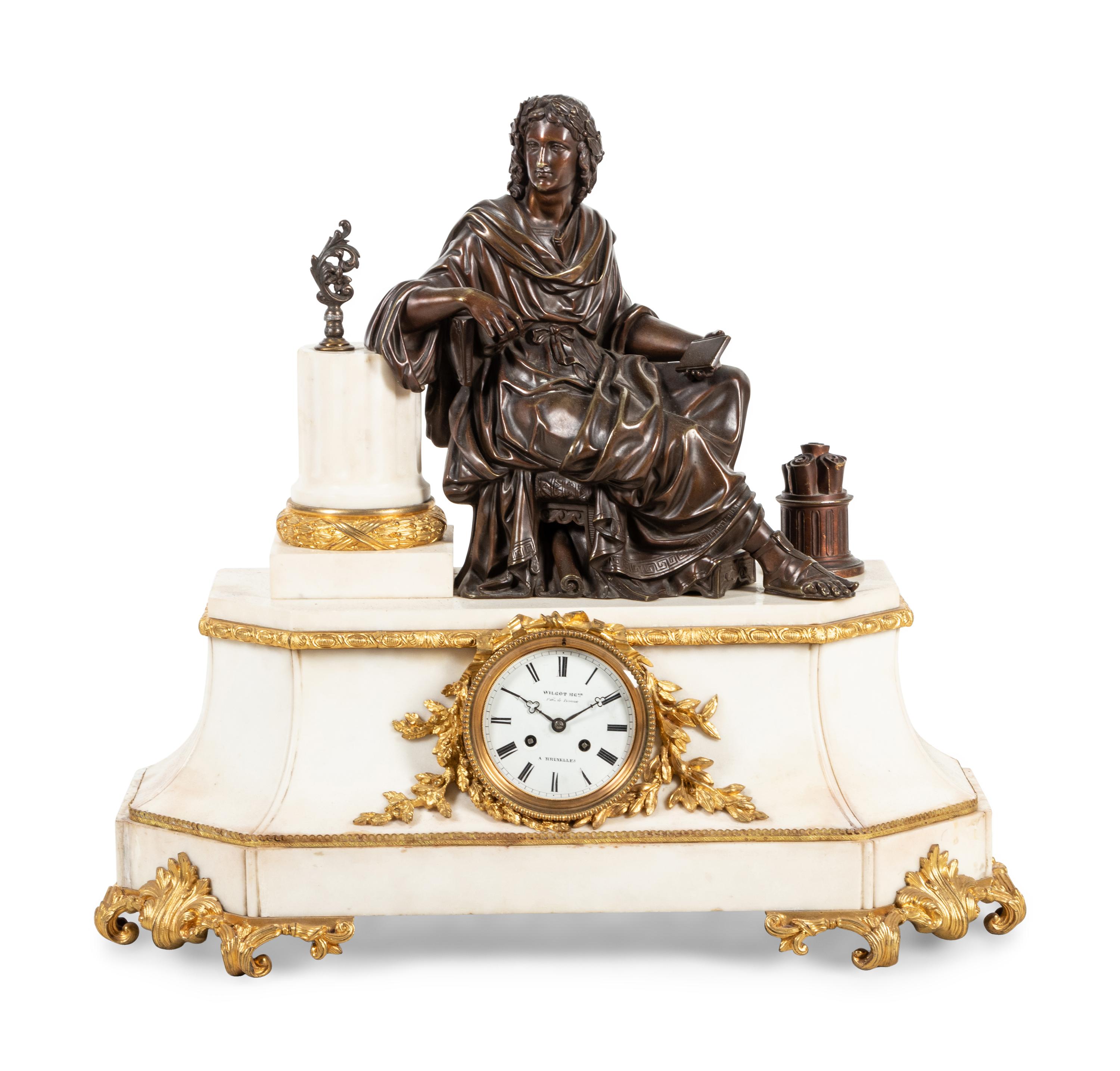 A French Gilt and Patinated Bronze Mounted Marble Mantel Clock