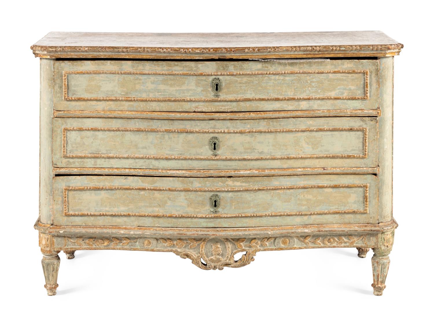 A Venetian Grey Painted and Parcel Gilt Commode