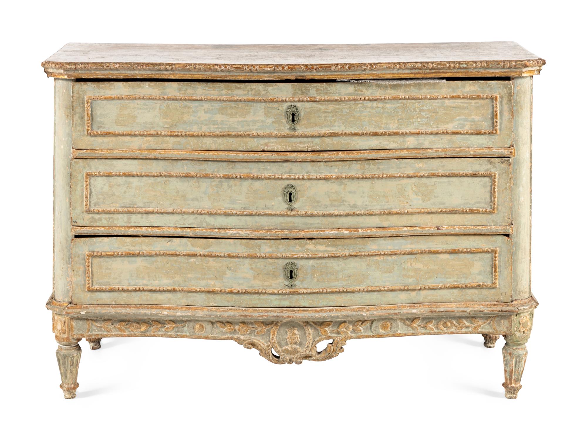 A Venetian Grey Painted and Parcel Gilt Commode