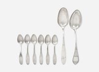 A set of six Federal silver fiddle-back tablespoons together with two large Federal silver serving spoons, early 19th century