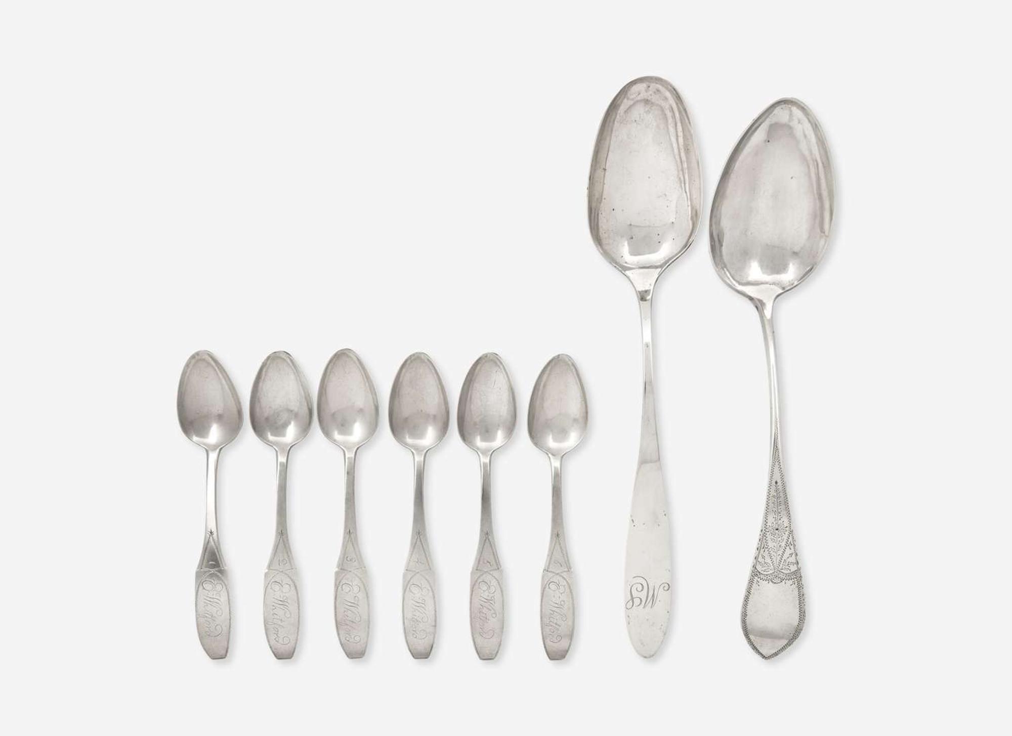 A set of six Federal silver fiddle-back tablespoons together with two large Federal silver serving spoons, early 19th century