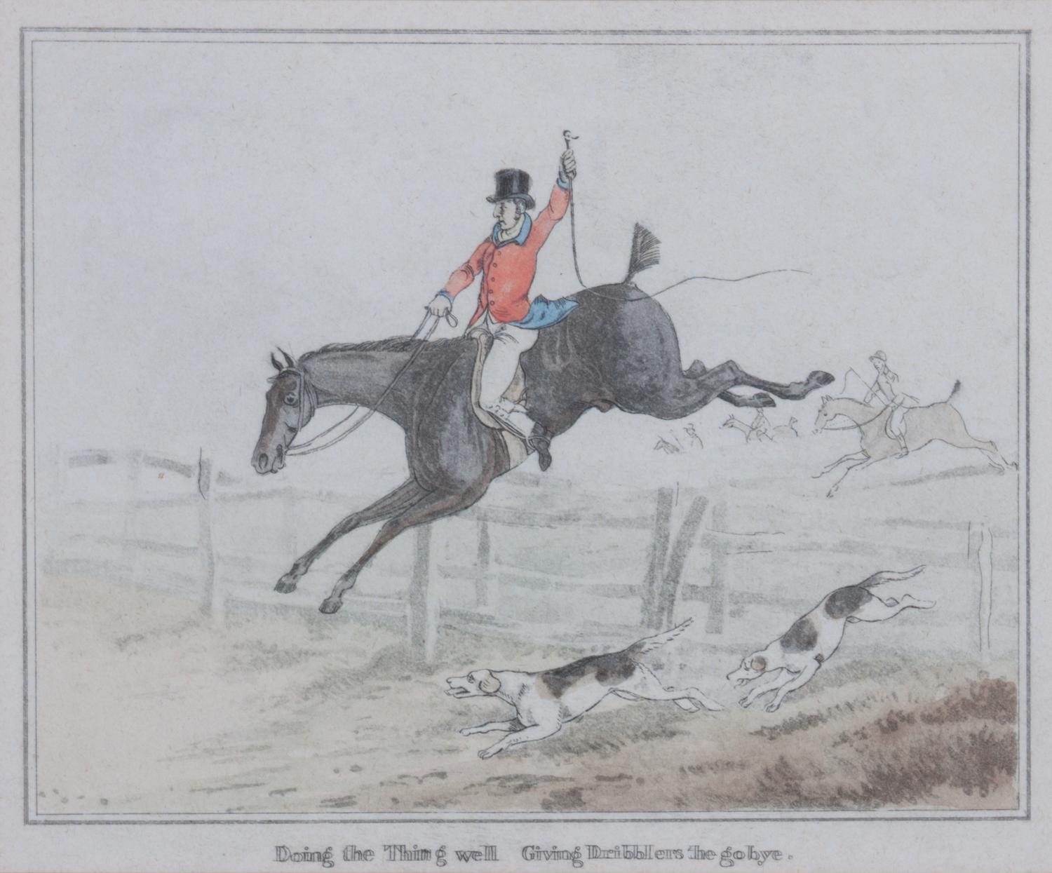 A Set of Four Fox Hunting Lithographs, , Doing the Down Leap, Doing It Furiously, The Down Leap Done, Doing the Thing well Giving Dribb