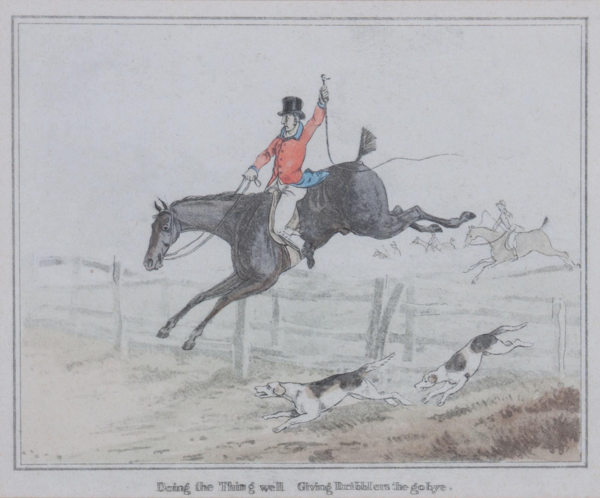 A Set of Four Fox Hunting Lithographs, , Doing the Down Leap, Doing It Furiously, The Down Leap Done, Doing the Thing well Giving Dribb