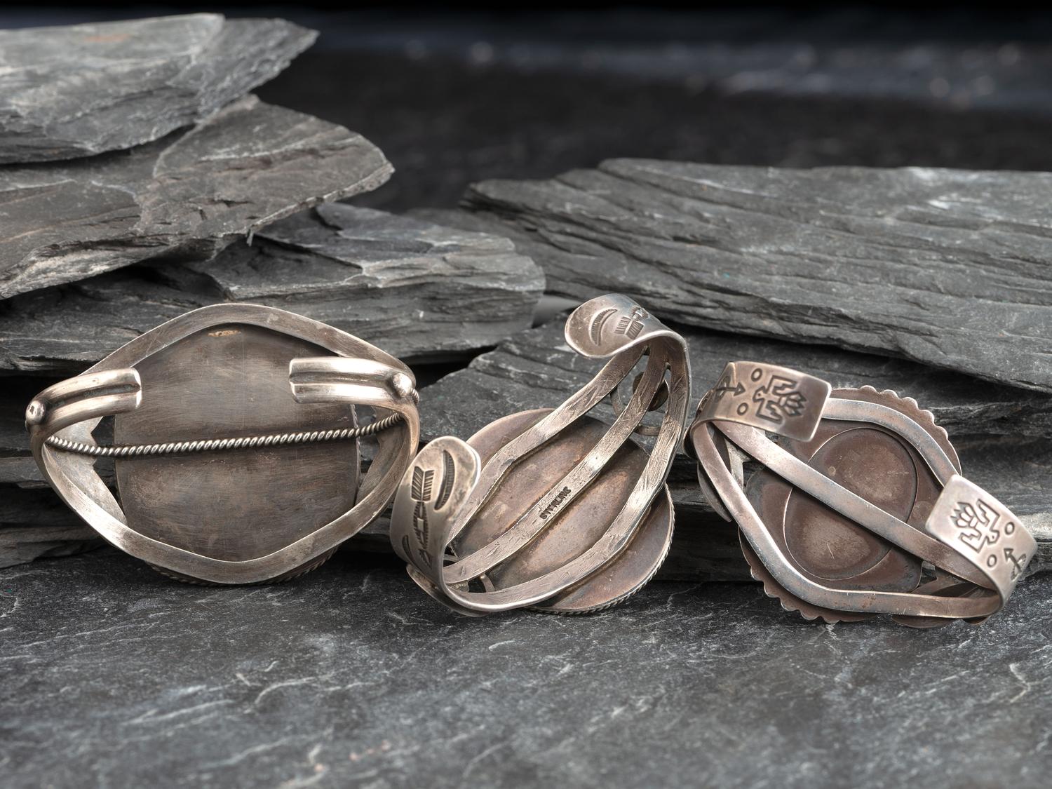 Navajo Silver and Petrified Wood Cuff Bracelets