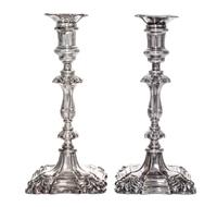 A Pair of English Silver-Plate Candlesticks, 19th/20th Century, each of squared, baluster form, unmarked.
