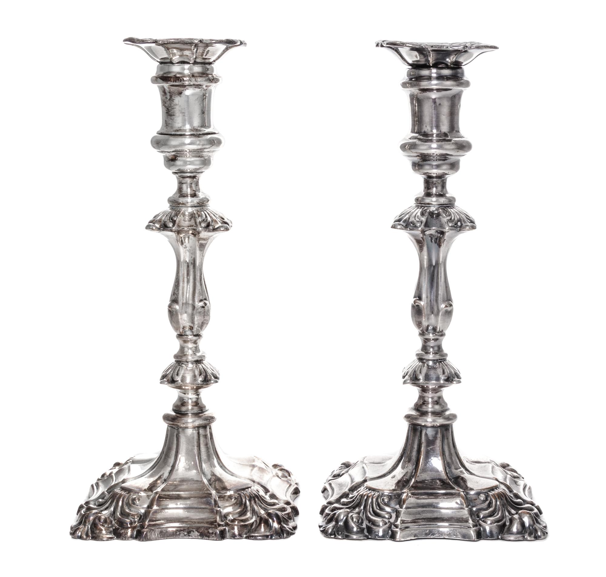 A Pair of English Silver-Plate Candlesticks, 19th/20th Century, each of squared, baluster form, unmarked.