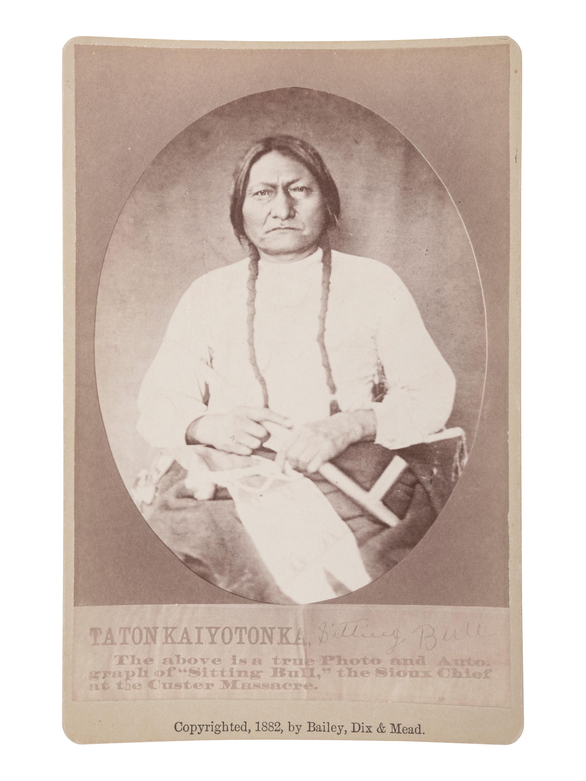 [NATIVE AMERICANS]. Sitting Bull cabinet photograph. Fort Randall, Dakota Territory: Bailey, Dix & Mead, 1882.
