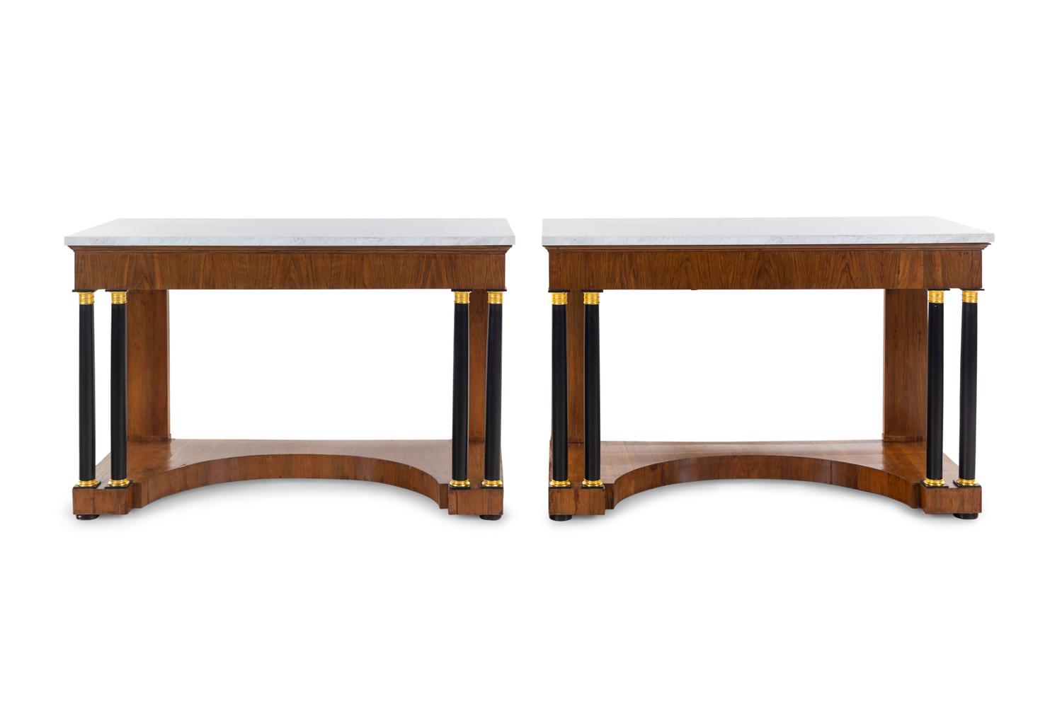 A Pair of Russian Empire Gilt Metal Mounted Parcel Ebonized Mahogany Marble-Top Console Tables