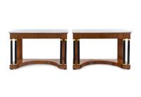 A Pair of Russian Empire Gilt Metal Mounted Parcel Ebonized Mahogany Marble-Top Console Tables