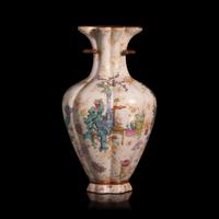 An Unusual Chinese Famille Rose Decorated Vase with "Endless Knot" Lip — 粉彩仿石釉博古圖盤腸口包袱瓶