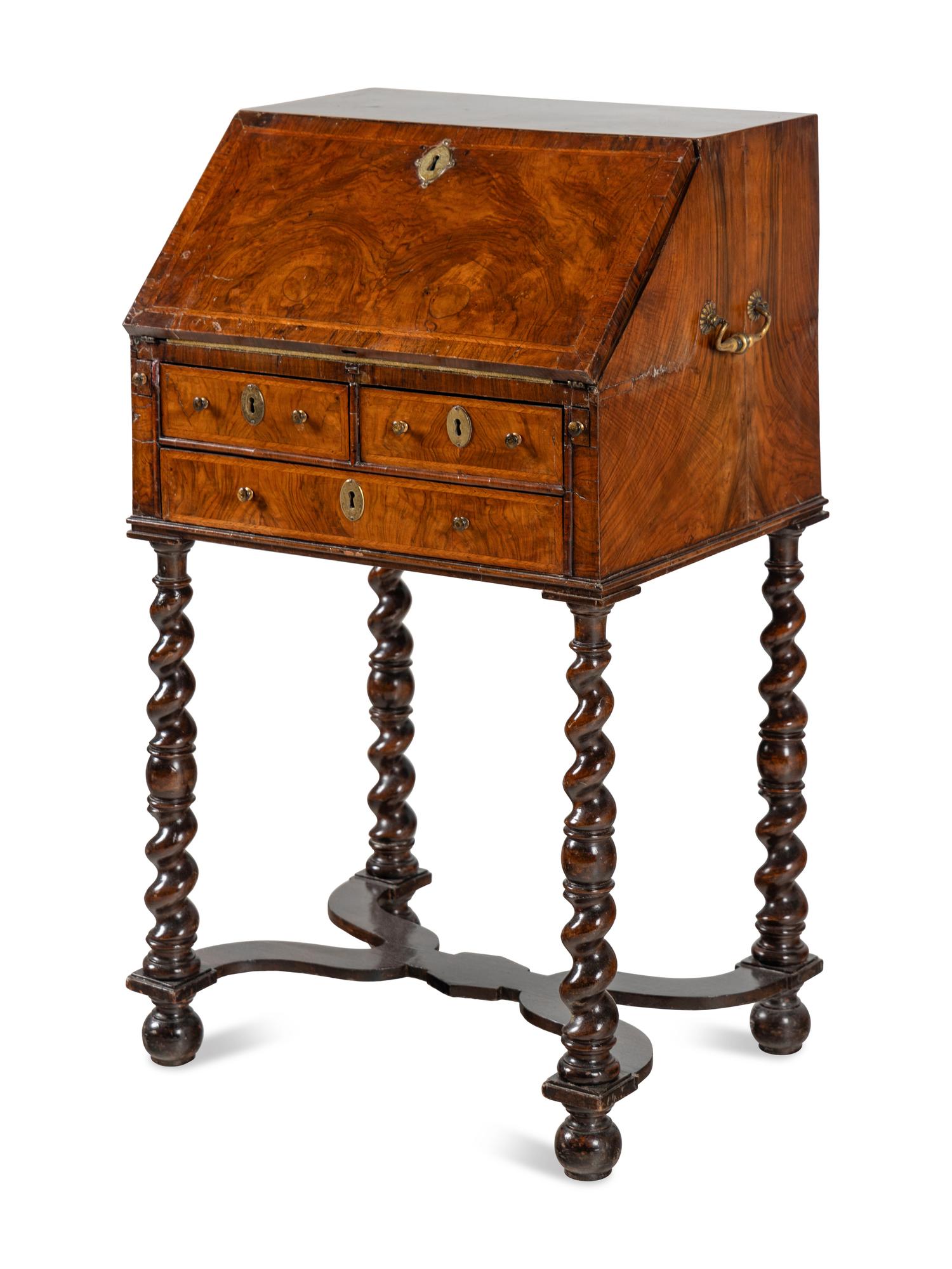 A William and Mary Walnut Slant-Front Bureau on Later Stand