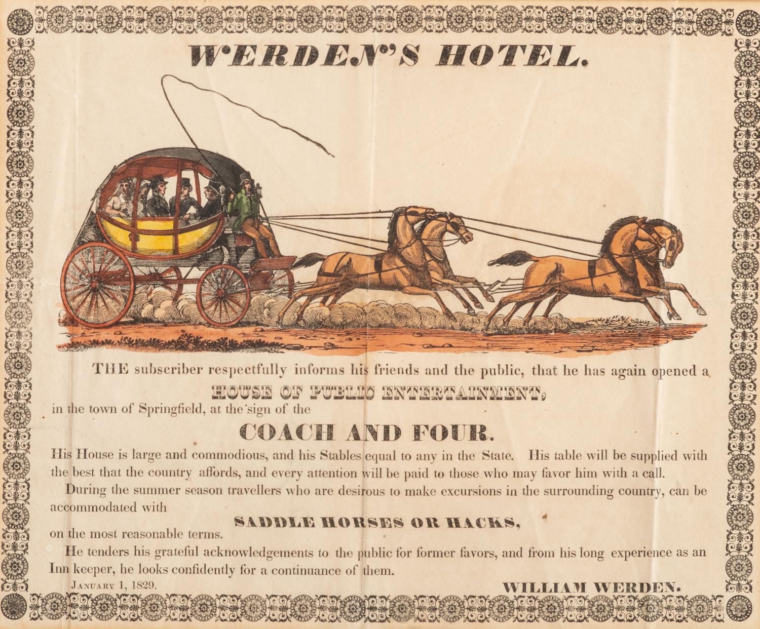 [ADVERTISING]. Werden's Hotel. Springfield, [OH]: N.p., 1 January 1829. Hand-colored illustrated broadside.