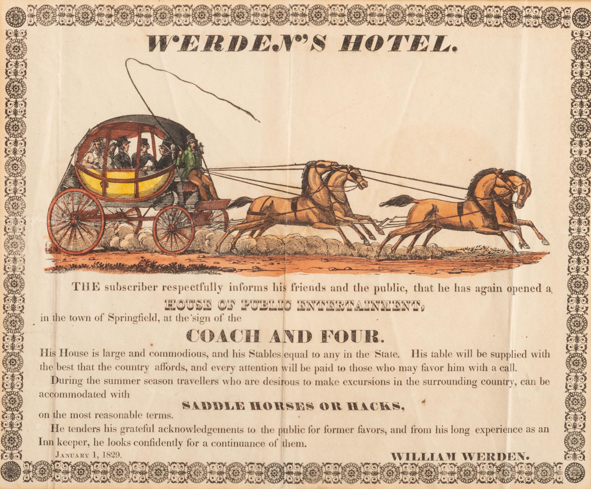 [ADVERTISING]. Werden's Hotel. Springfield, [OH]: N.p., 1 January 1829. Hand-colored illustrated broadside.