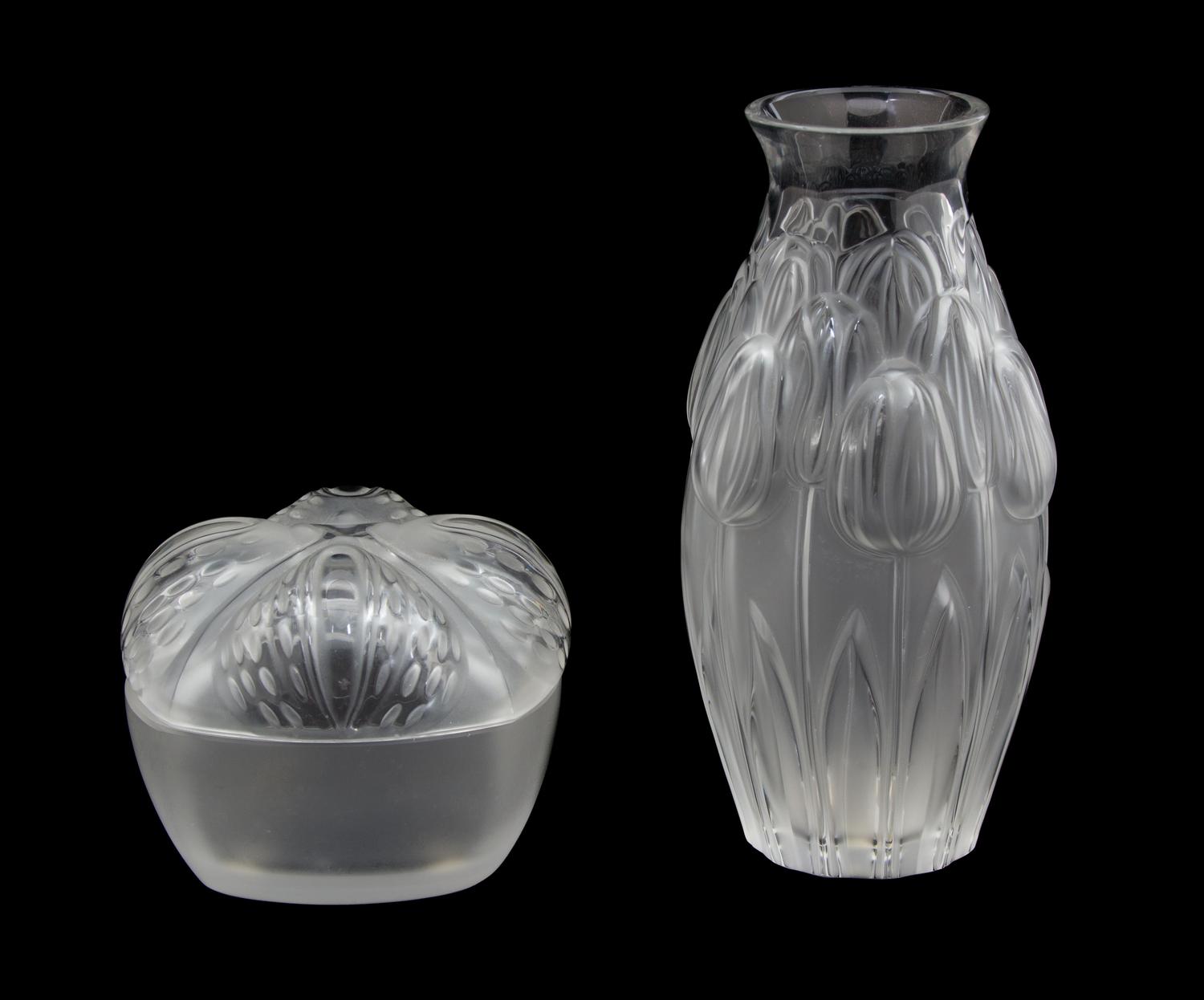 Two Lalique Molded and Frosted Glass Articles Height of taller 7 inches. — 20TH CENTURY
