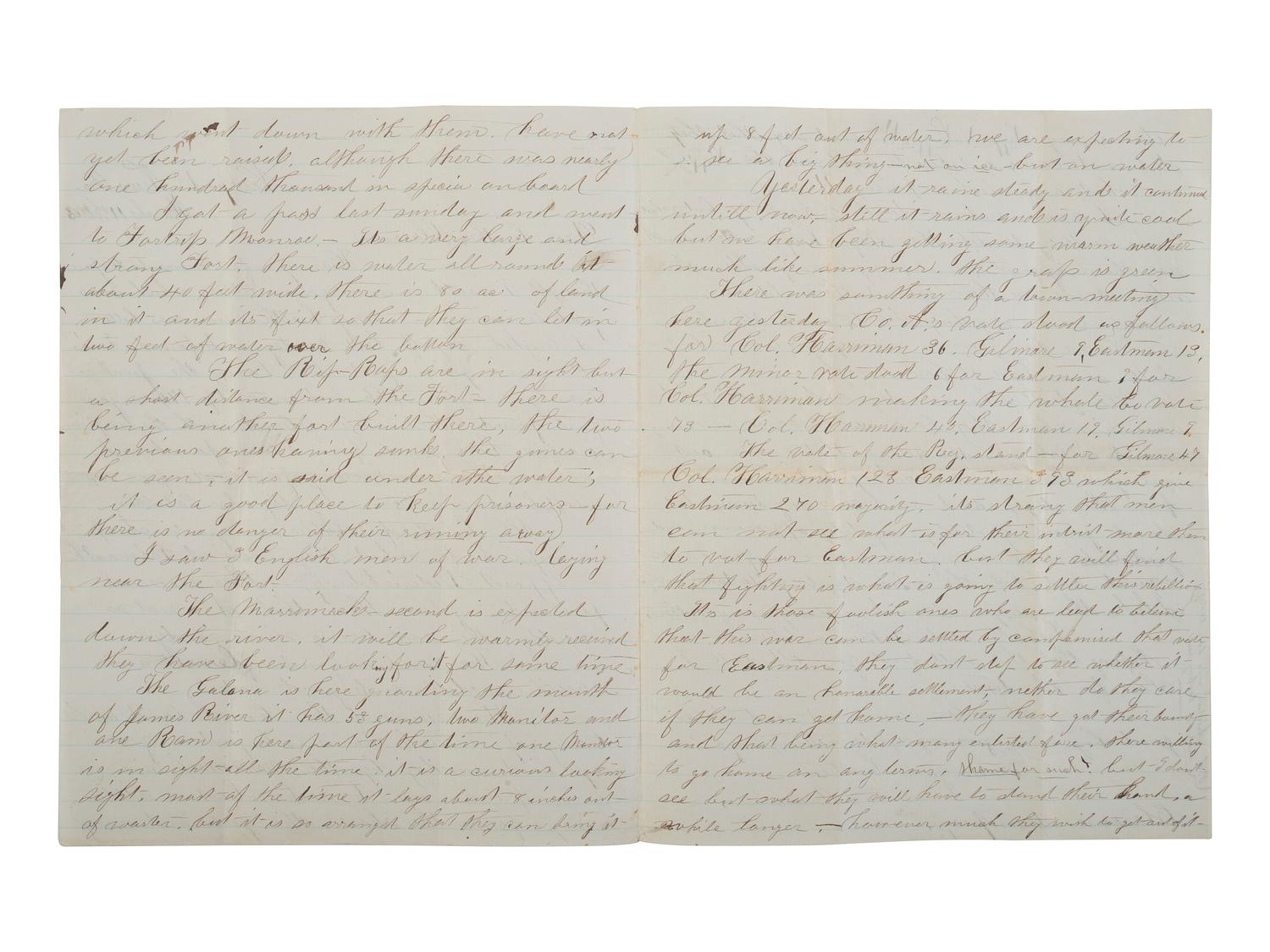 [CIVIL WAR]. Letter from Maurice Lamprey, 10th New Hampshire Infantry, in which he rejects anti-emancipation sentiments and describes the wrecks of the USS Cumberland and Congress. Newport News, VA, 11 March 1863.
