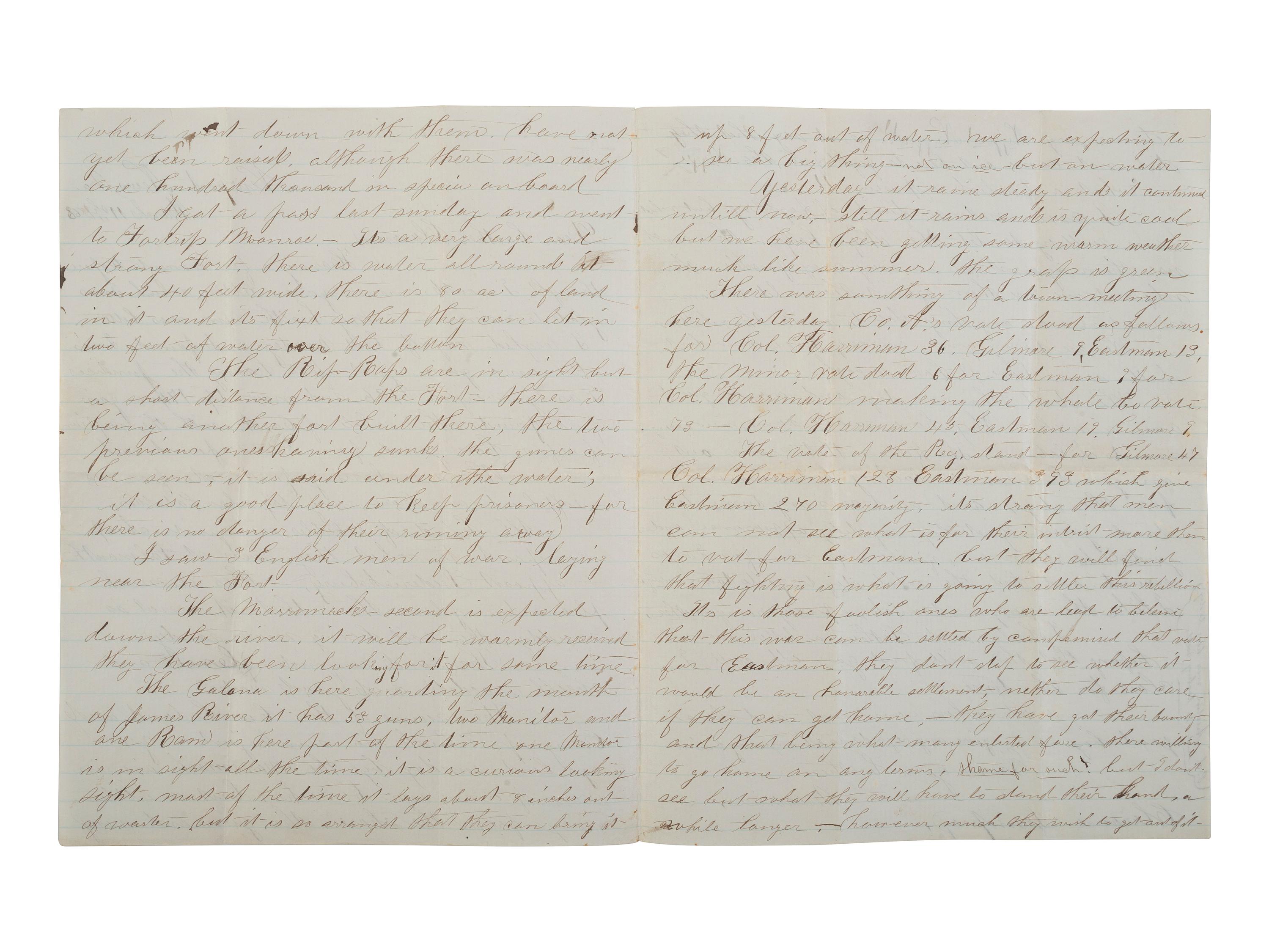 [CIVIL WAR]. Letter from Maurice Lamprey, 10th New Hampshire Infantry, in which he rejects anti-emancipation sentiments and describes the wrecks of the USS Cumberland and Congress. Newport News, VA, 11 March 1863.