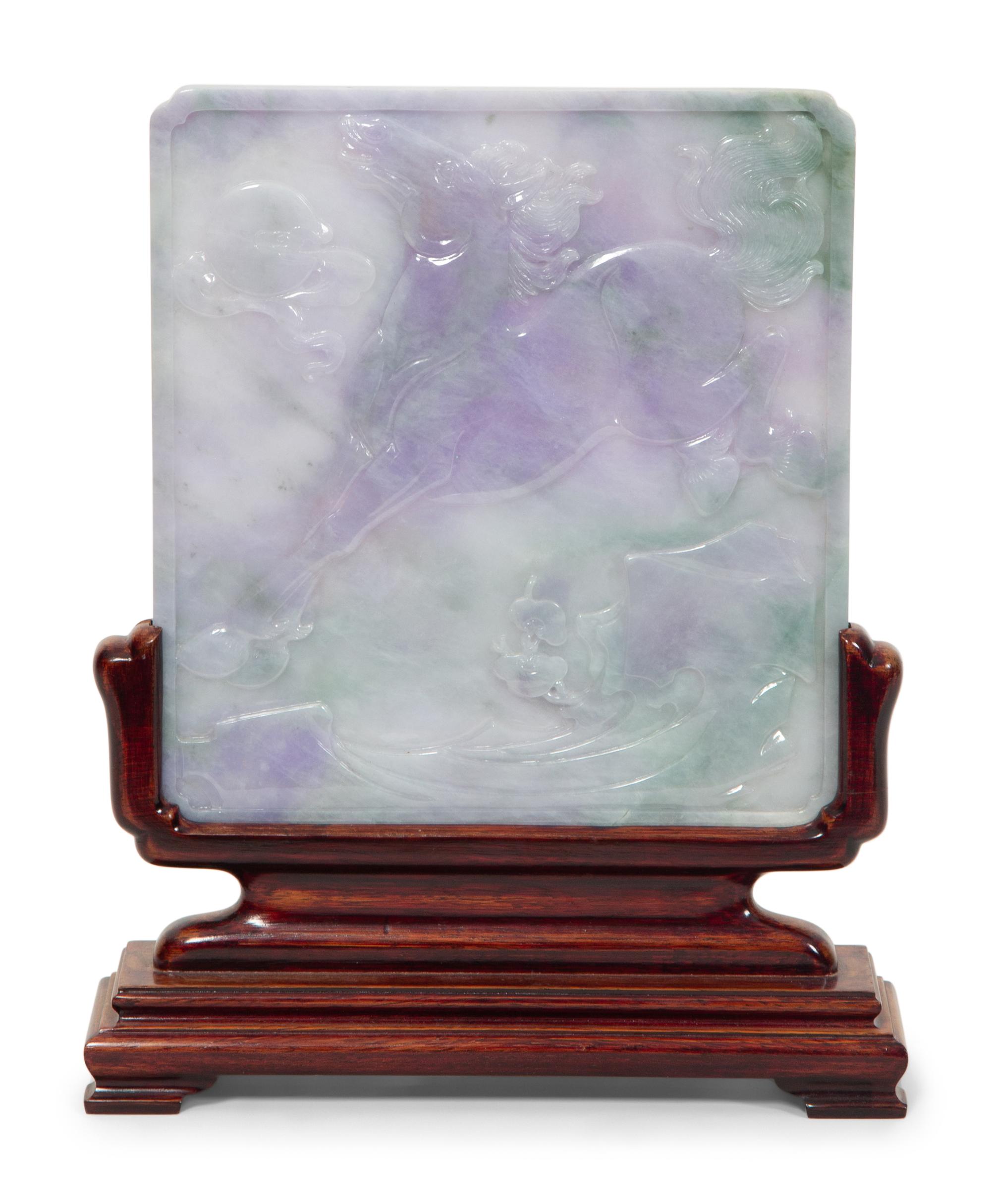 A Pair of Chinese Carved Jadeite Rearing Horse Sculptures and a Carved Jadeite Plaque