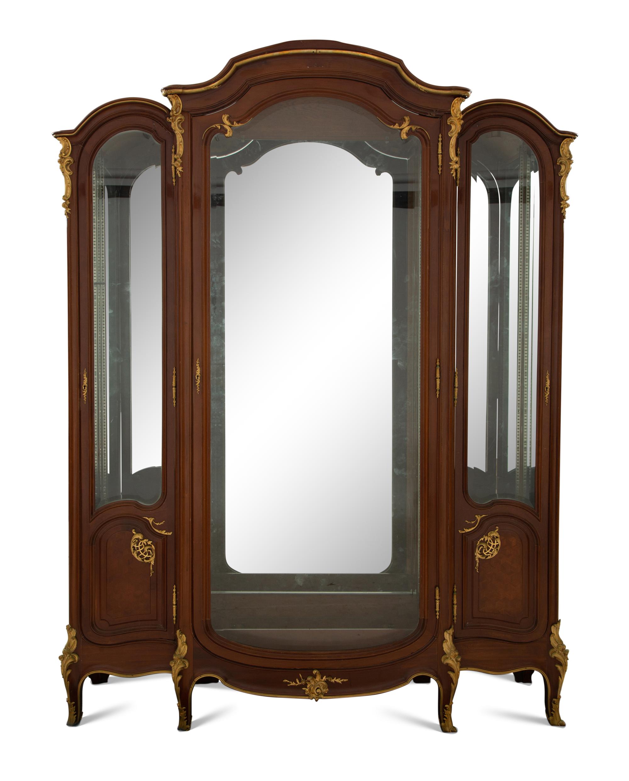A Louis XV Style Gilt Bronze Mounted Parquetry Vitrine Cabinet