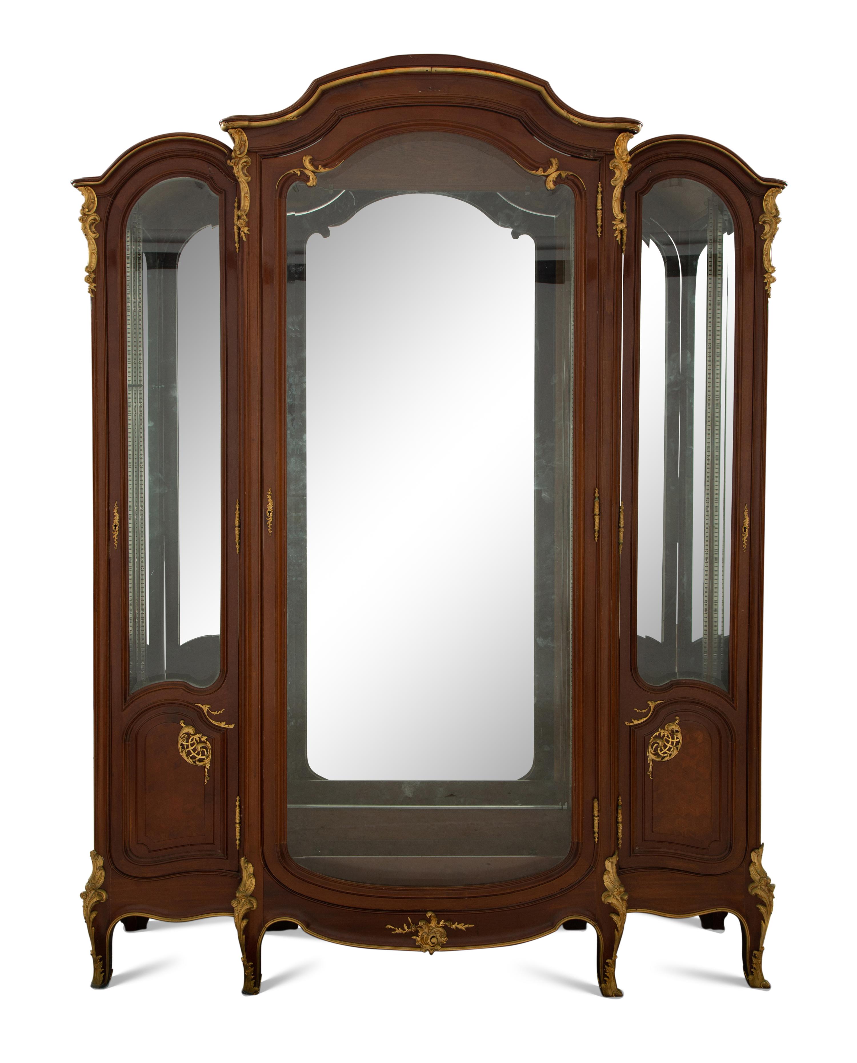 A Louis XV Style Gilt Bronze Mounted Parquetry Vitrine Cabinet