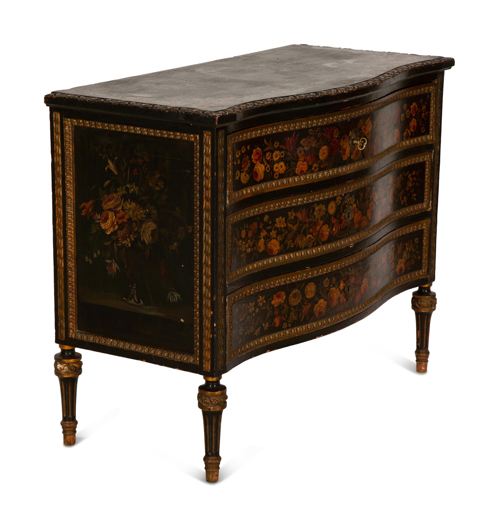 A Continental Louis XVI Style Floral Painted Commode