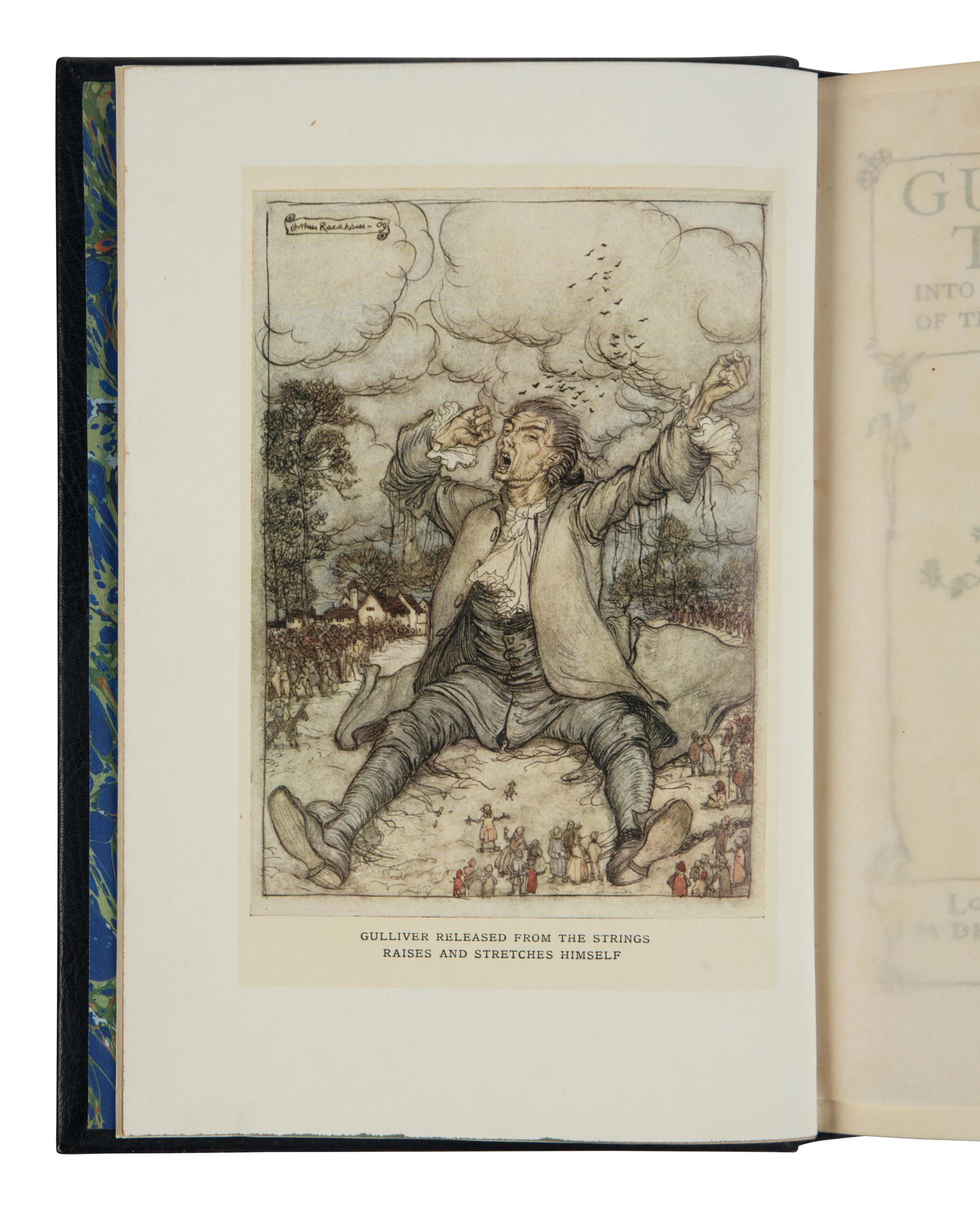 [RACKHAM, Arthur (1867-1939), illustrator]. -- SWIFT, Jonathan (1667-1745). Gulliver's Travels into Several Remote Nations of the World . London: J.M. Dent; New York: E.P. Dutton, 1909.
