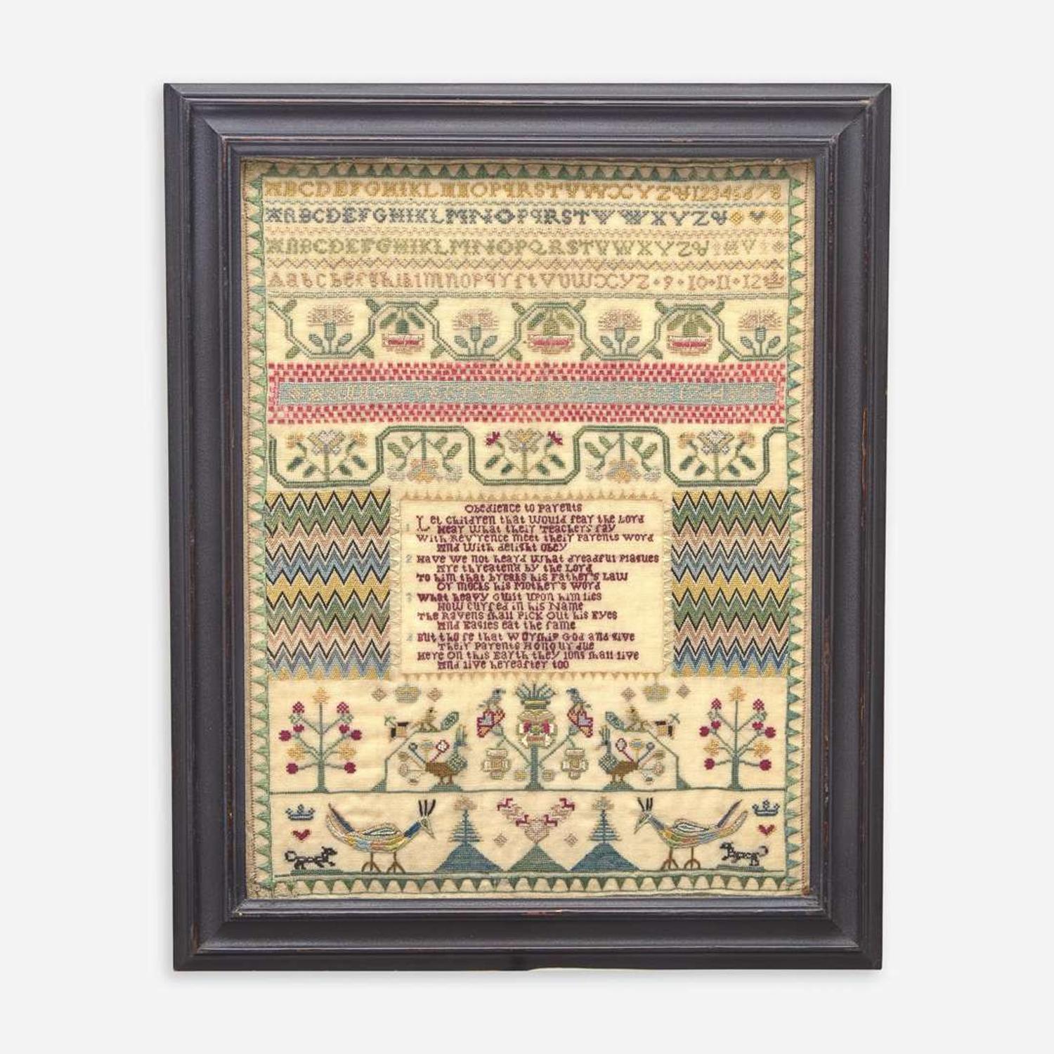 A fine English needlework sampler Worked by Hannah Vertue (1736-1826), dated "1744"