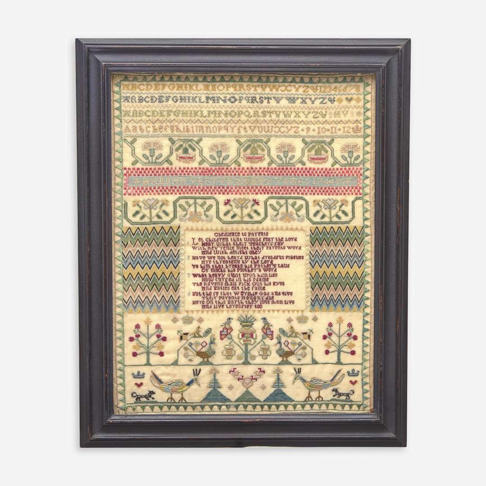 A fine English needlework sampler Worked by Hannah Vertue (1736-1826), dated "1744"