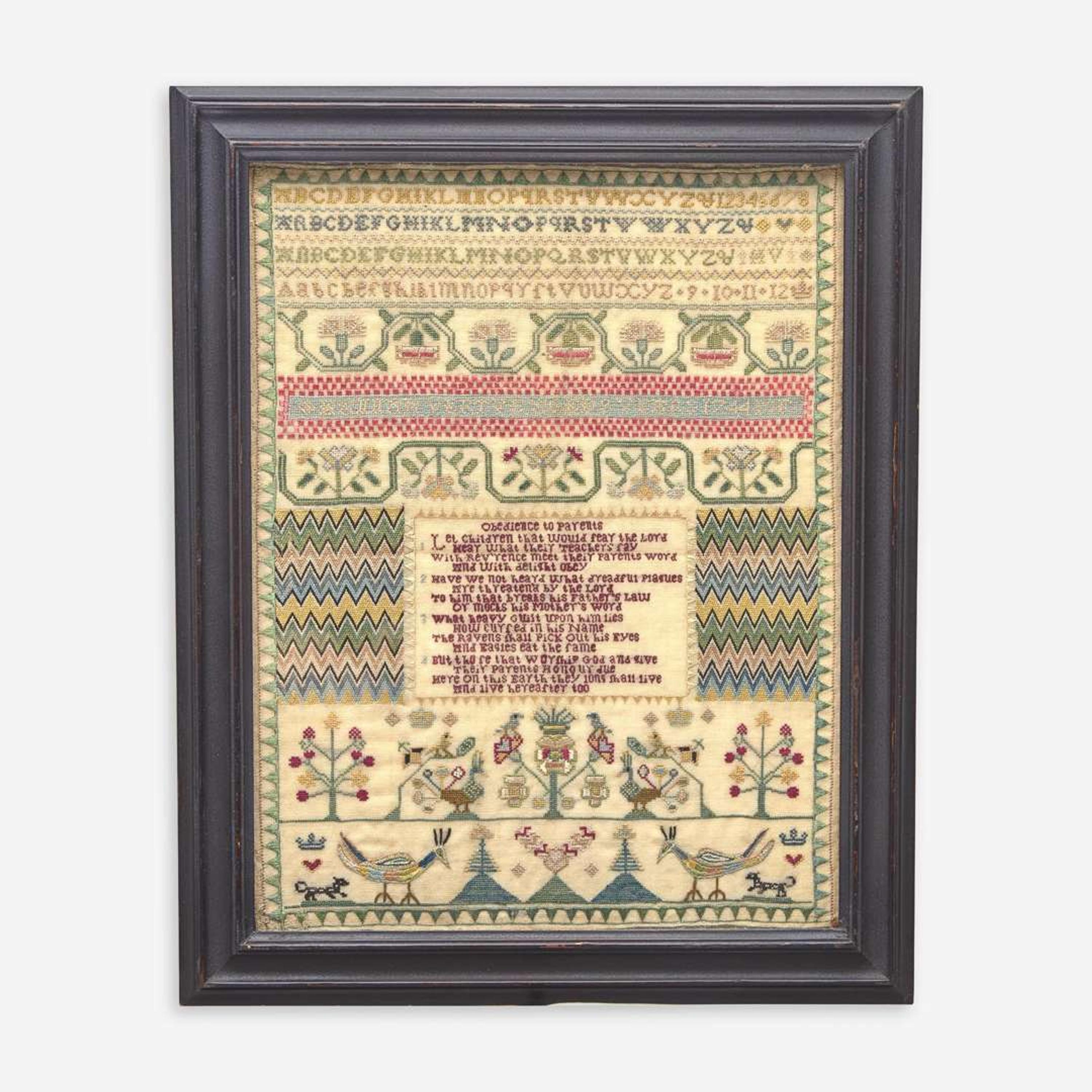 A fine English needlework sampler Worked by Hannah Vertue (1736-1826), dated "1744"