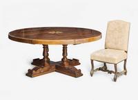 A Baroque style circular pine dining table together with a set of five Baroque style upholstered wood dining chairs, modern