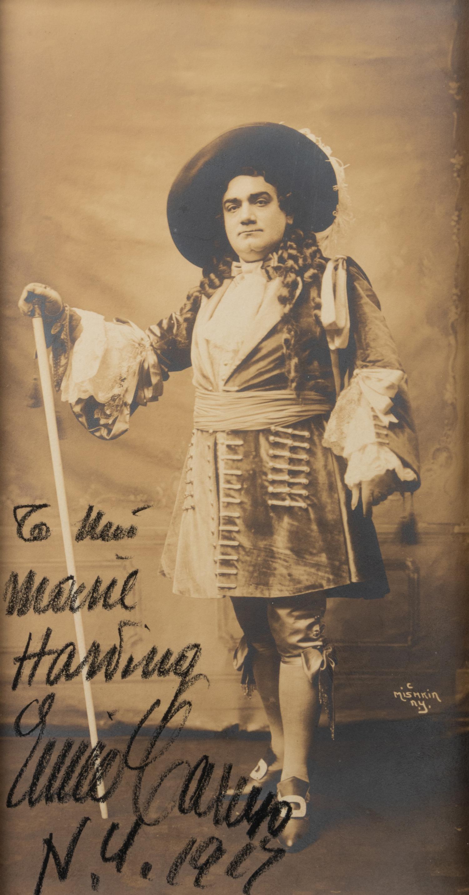 CARUSO, Enrico (1873-1921). Sepia photograph, as Riccardo, signed and inscribed ("Enrico Caruso N.Y. 1917"), by Mishkin.