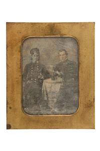 [EARLY PHOTOGRAPHY]. A group of 3 daguerreotypes in uniform, highlighted by half plate daguerreotype of uniformed subject sharing a drink with a civilian.
