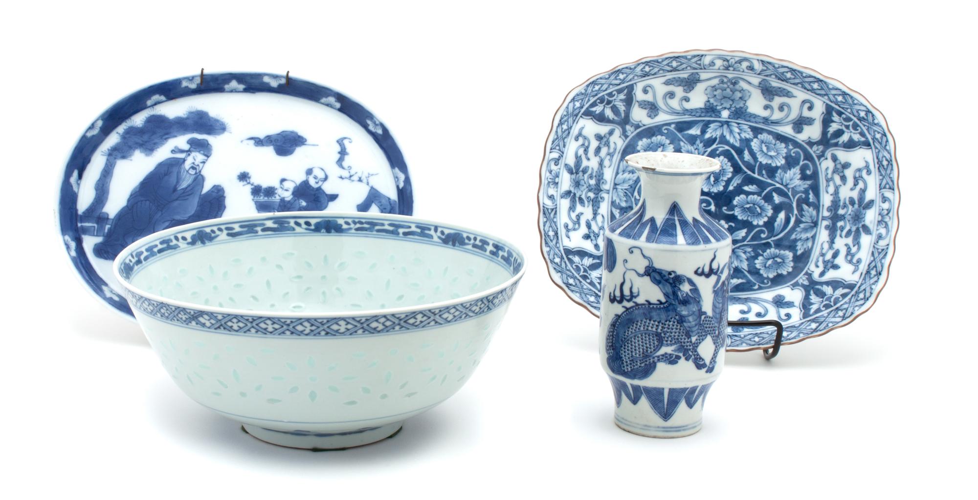 A Collection of Blue and White Ceramic Articles Diameter of bowl 9 inches.