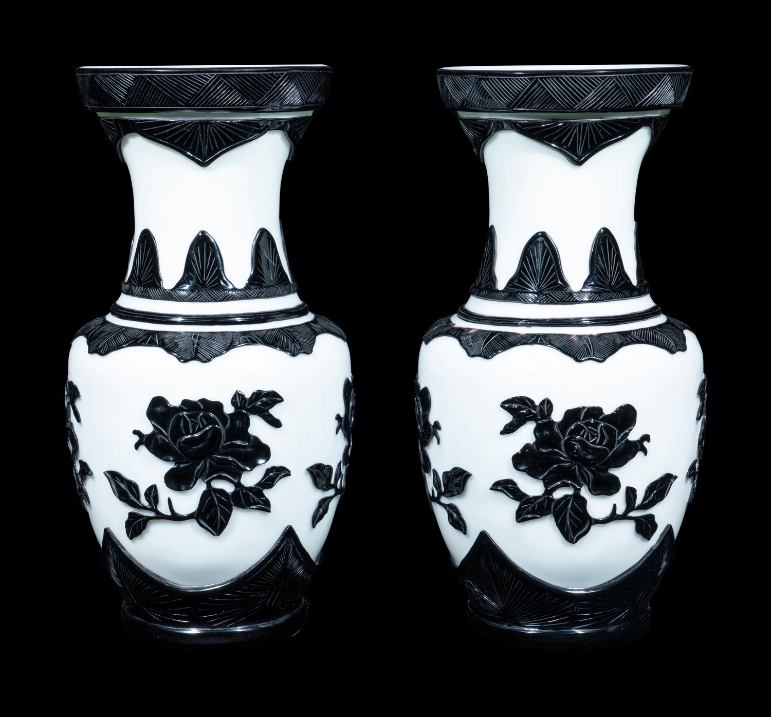 A Pair of Chinese Black Overlay White Ground Peking Glass Vases