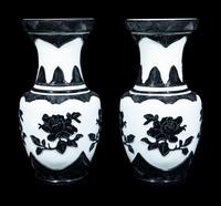 A Pair of Chinese Black Overlay White Ground Peking Glass Vases