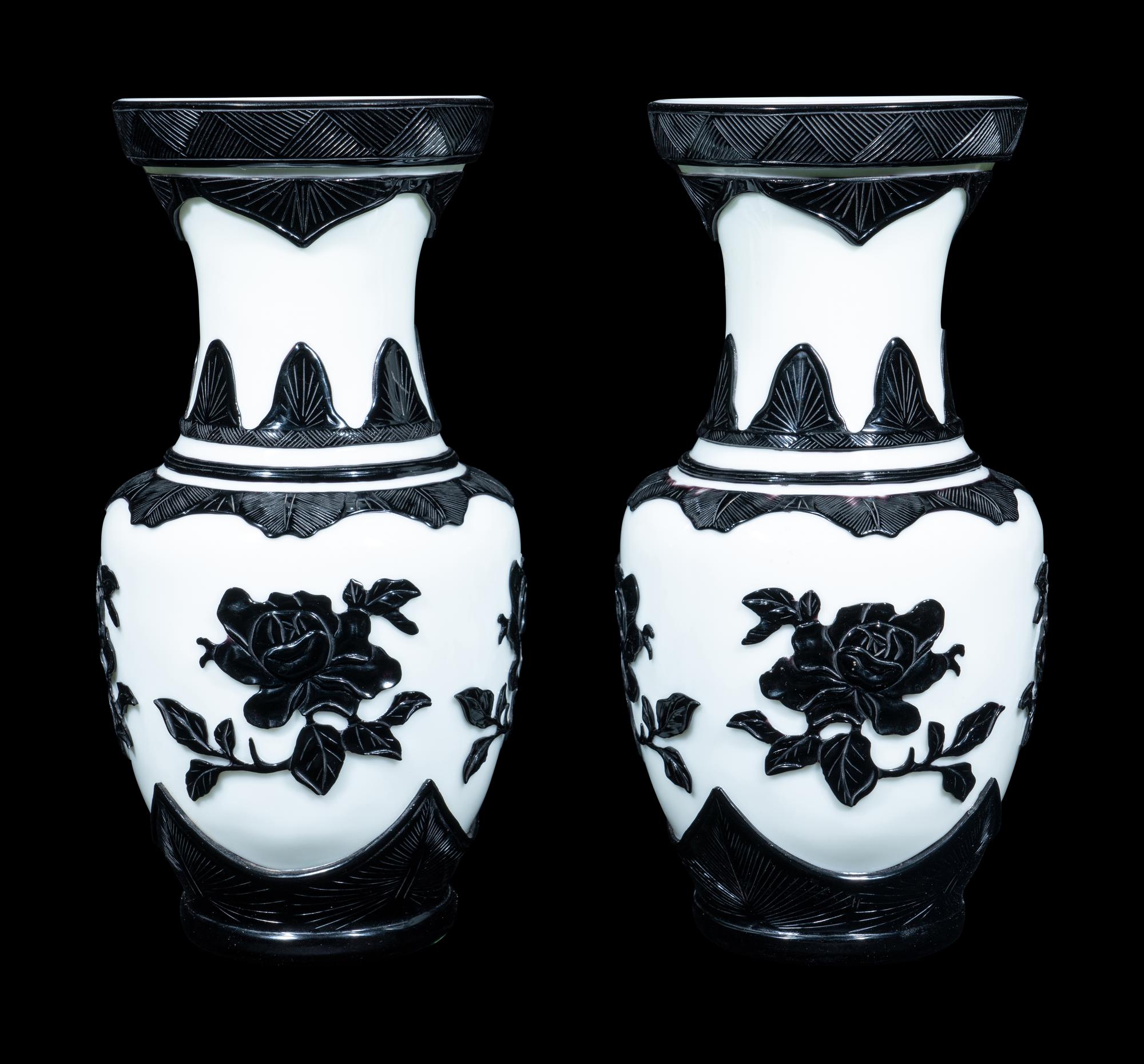 A Pair of Chinese Black Overlay White Ground Peking Glass Vases