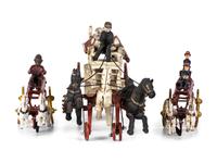 Three Painted Cast Iron Toy Horse Drawn Fire Wagons