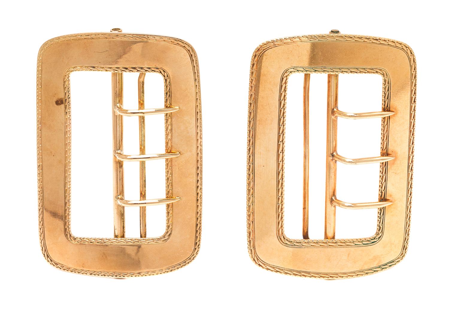 A Pair of Victorian Yellow Gold Belt Buckle Motif Brooches, Circa 1884, 48.80 dwts.