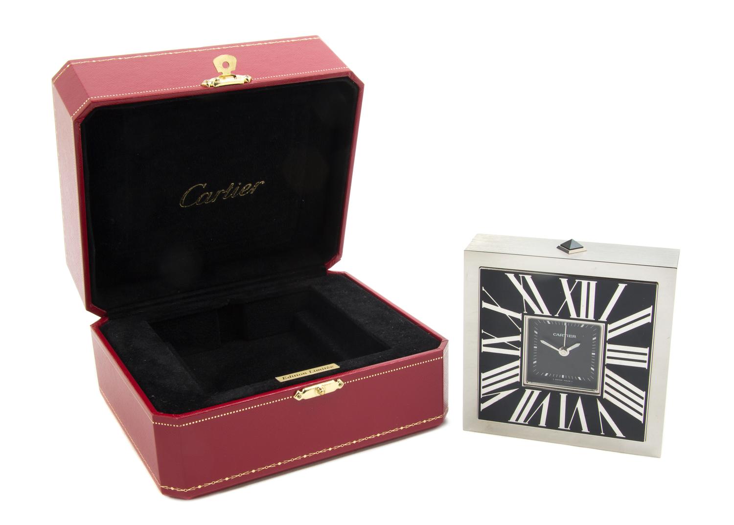 An Art Deco Style Travel Alarm Clock, Cartier, Width 3 3/4 inches.