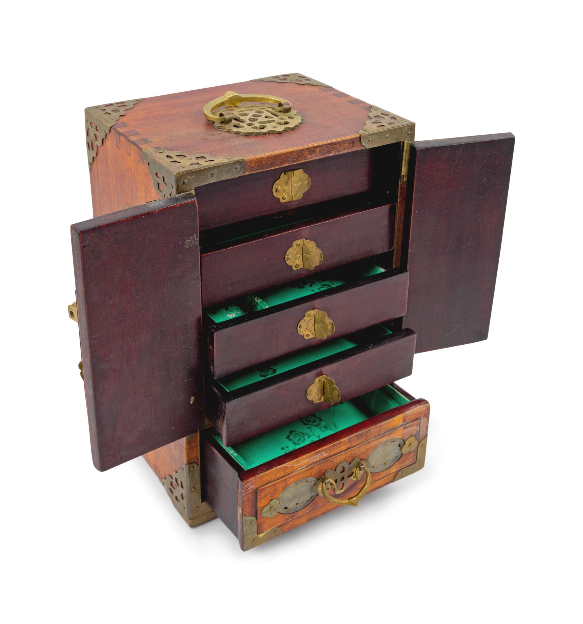 A Chinese Jade Inset Wood Jewelry Box