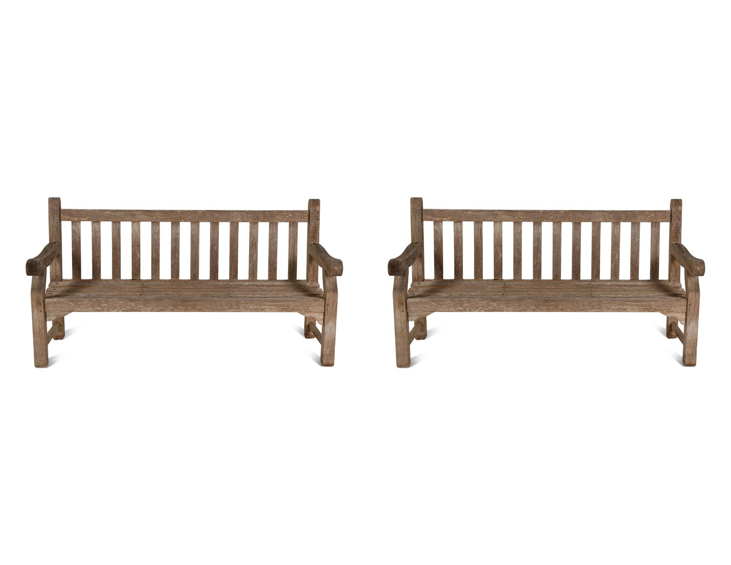 A Pair of Weathered Teak Benches — 20th Century