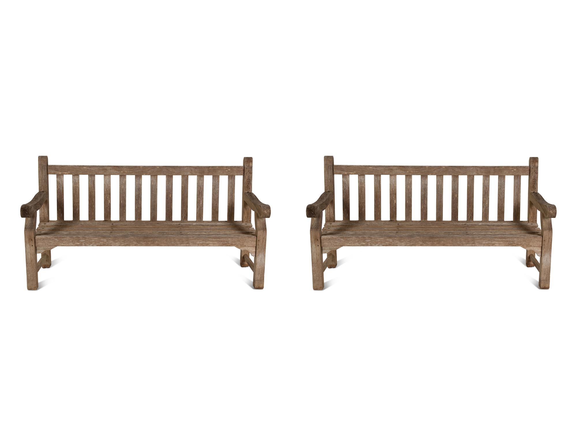 A Pair of Weathered Teak Benches — 20th Century