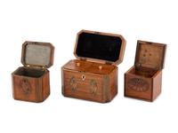A Group of Three George III Harewood and Marquetry Tea Caddies