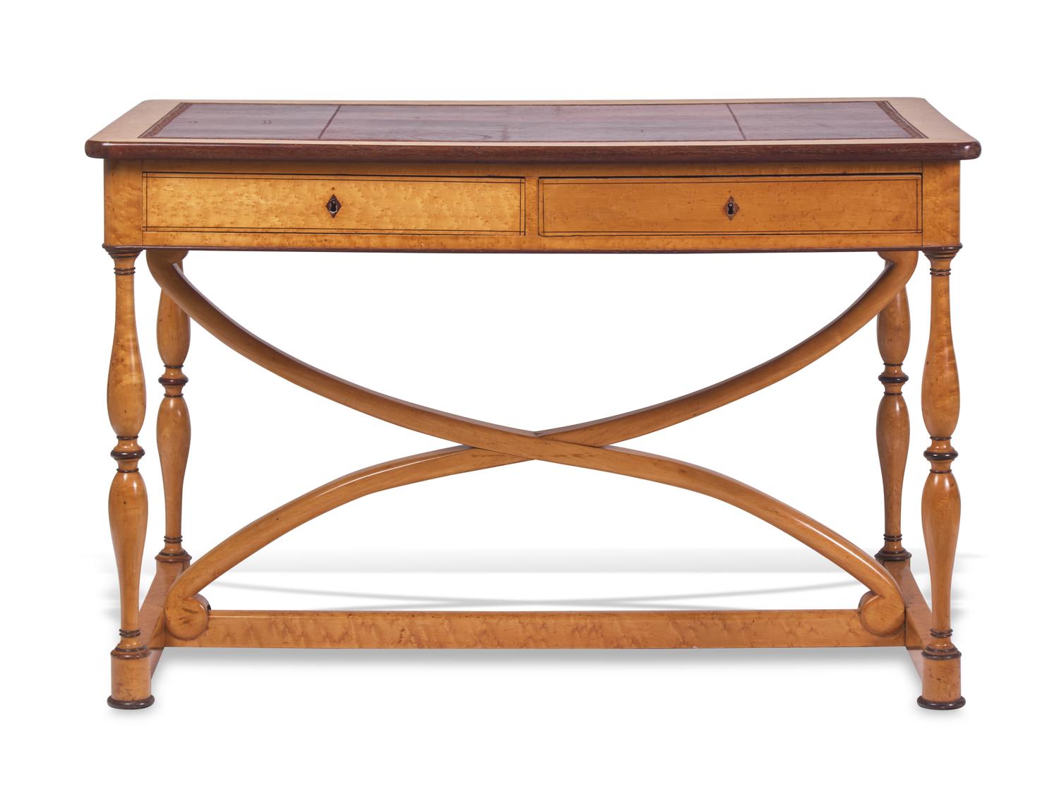 A Charles X Style Amaranth, Bird's Eye Maple and Gilt-Tooled Leather Inset Partner's Desk