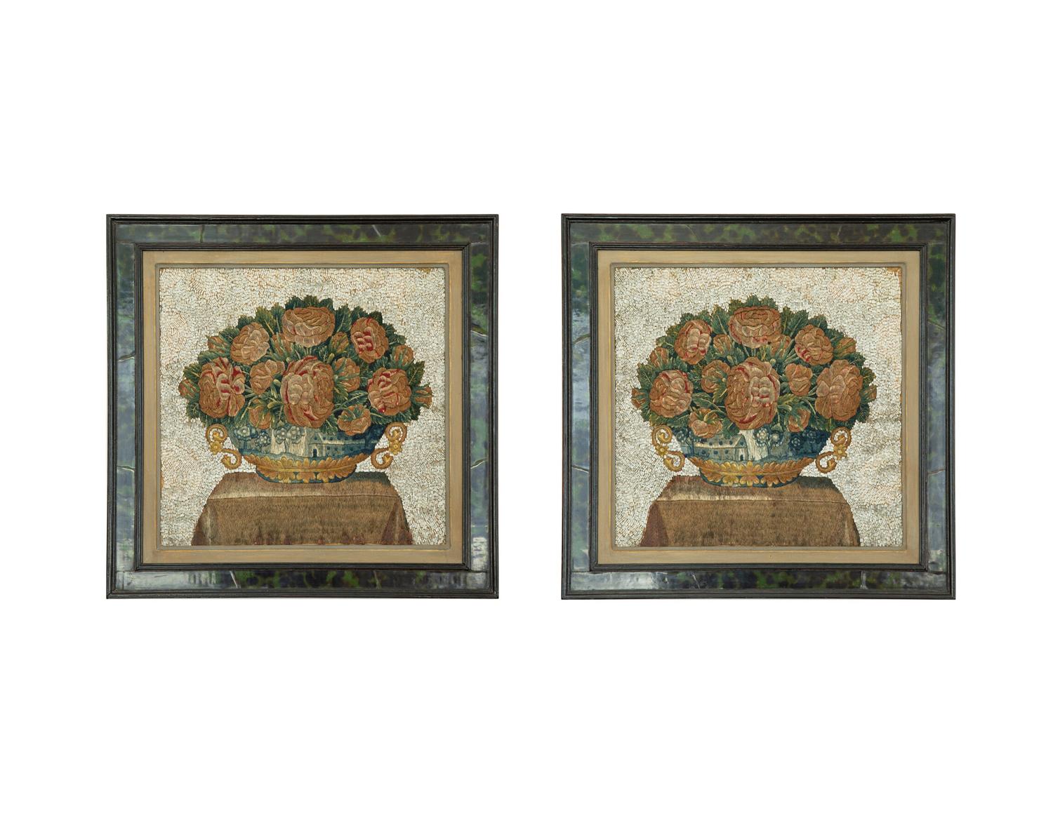A Pair of Embroidered and Beadwork Floral Still Lives in Black and Green Faux Tortoiseshell Frames