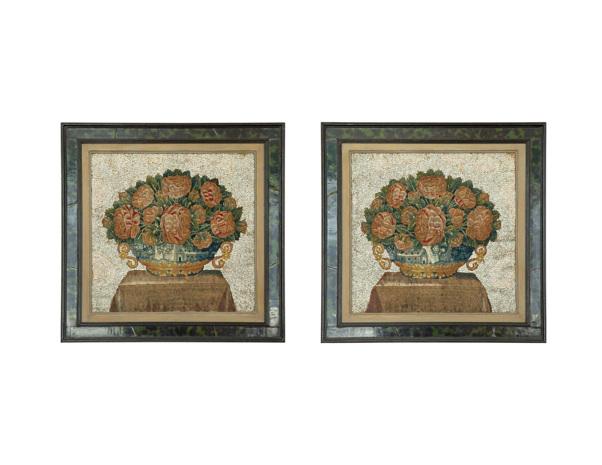 A Pair of Embroidered and Beadwork Floral Still Lives in Black and Green Faux Tortoiseshell Frames